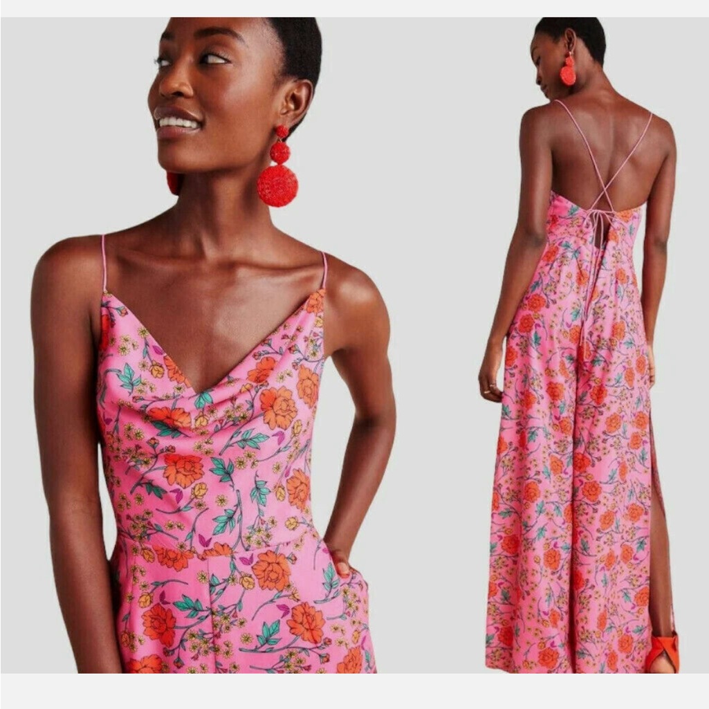 Finders Keepers, Floral Pink Halter Jumpsuit, Side Slits, Women’s Xs